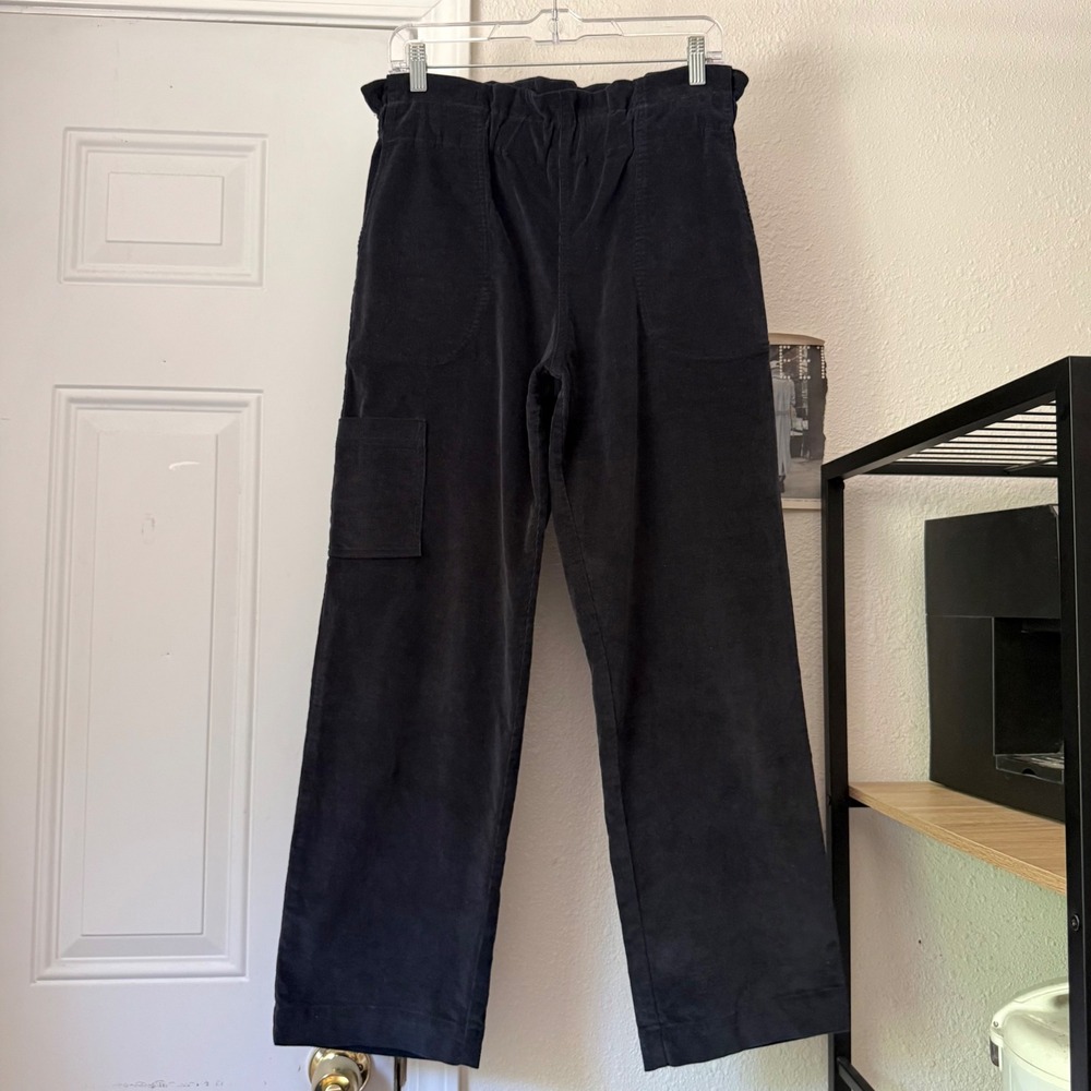 PIETSIE charcoal grey cotton cargo corduroy paperbag wide straight pull on pants